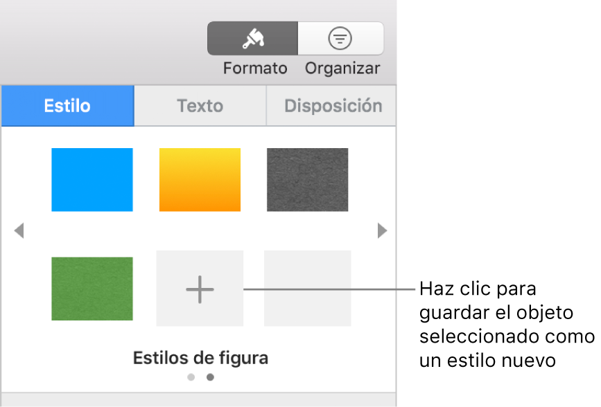 La ficha Estilo de la barra lateral Formato con cuatro estilos de imagen, el botón “Crear estilo” y un marcador de posición de estilo vacío.