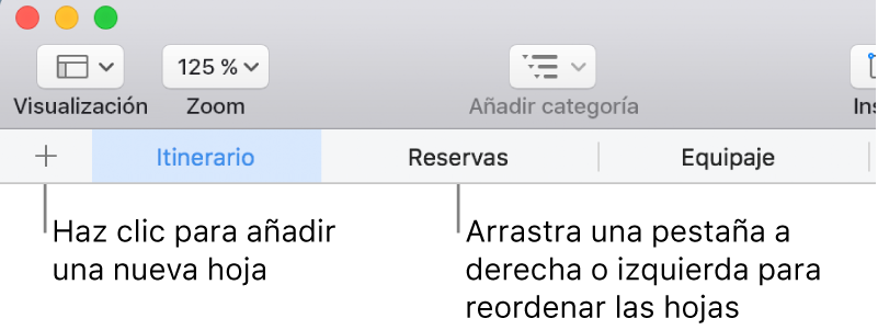 La barra de pestañas para añadir una nueva hoja y reorganizar las hojas.