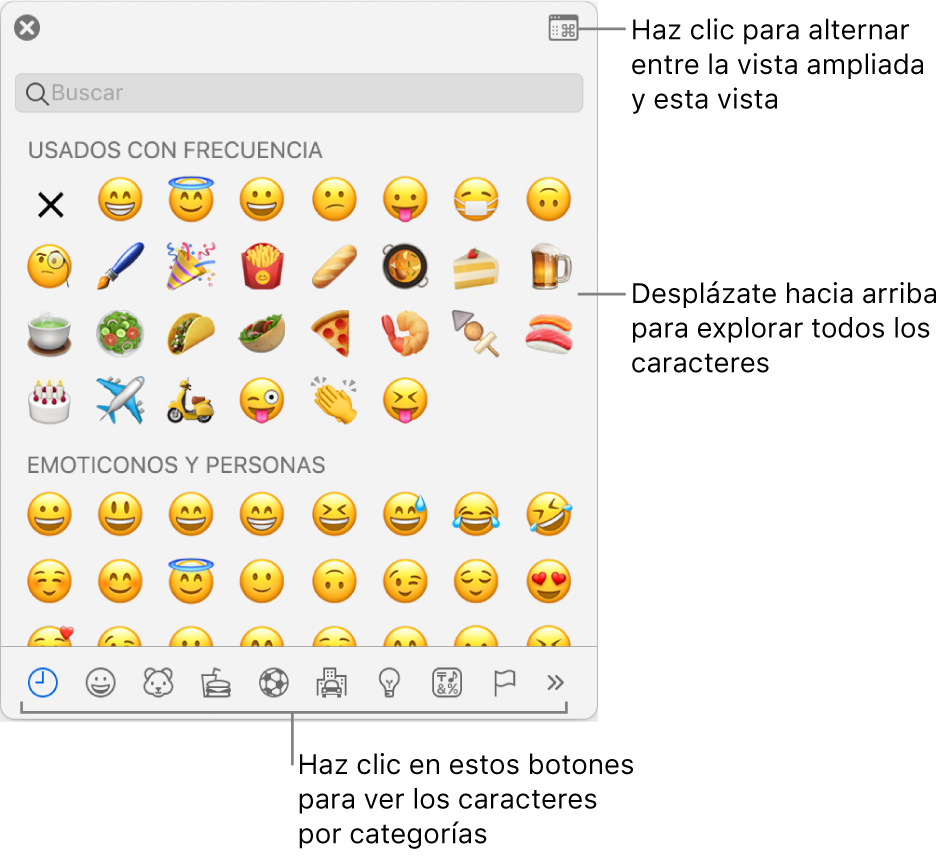 La ventana desplegable “Caracteres especiales” con emoticonos, botones para diferentes tipos de símbolos en la parte inferior y una llamada a un botón para mostrar la ventana Caracteres completa.