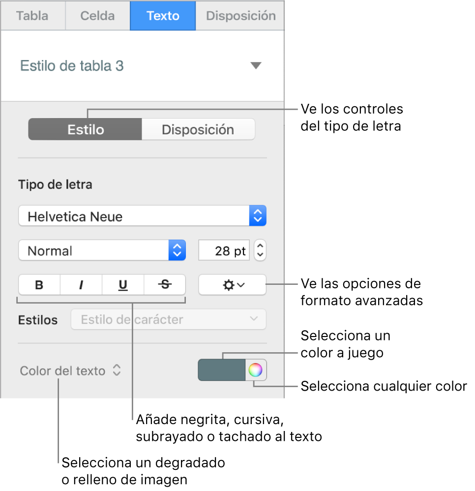 Control para aplicar un estilo al texto de la tabla.