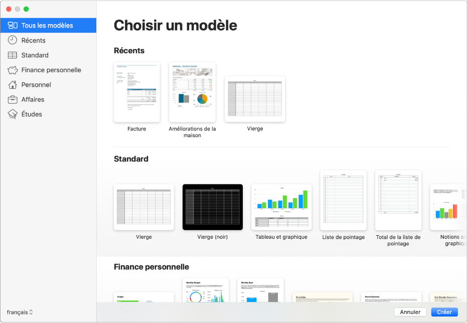 Liste de modèles. La barre latérale située à gauche présente des catégories de modèle sur lesquelles vous pouvez cliquer pour filtrer les options. Vous trouverez à droite les vignettes des modèles prédéfinis disposées en rangs par catégorie, en commençant par Récents en haut, puis Standard et « Finance personnelle ». Le menu local « Langue et région » se trouve dans le coin inférieur gauche et les boutons Créer et Annuler sont dans le coin inférieur droit.