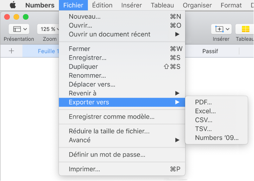 Menu Fichier ouvert avec l’option Exportation vers sélectionnée, le sous-menu correspondant affichant les options d’exportation aux formats PDF, Excel, CSV et Numbers ’09.