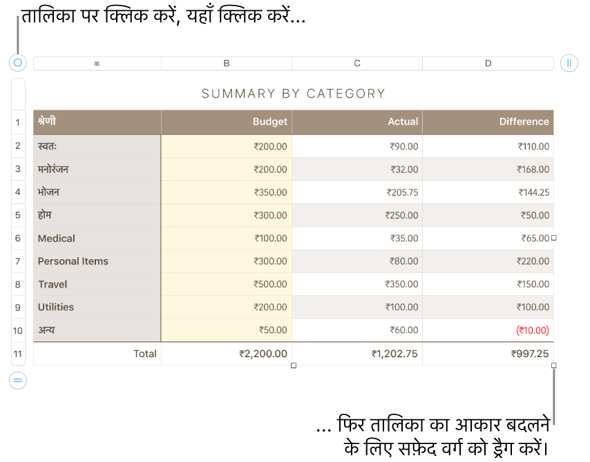 आकार बदलने के लिए सफ़ेद वर्गों के साथ चयनित तालिका।