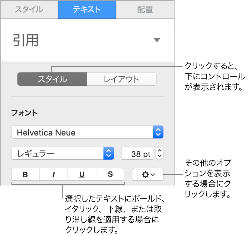 サイドバーの「スタイル」コントロール。「ボールド」、「イタリック」、「アンダーライン」、および「取り消し線」ボタンのコールアウトが表示された状態。