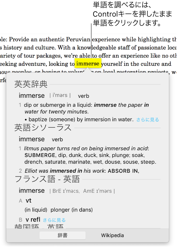 単語がハイライトされたテキストと、単語の定義とシソーラスのエントリーが表示されたウインドウ。ウインドウの下部にある2つのボタンは、辞書とWikipediaへのリンクになっています。