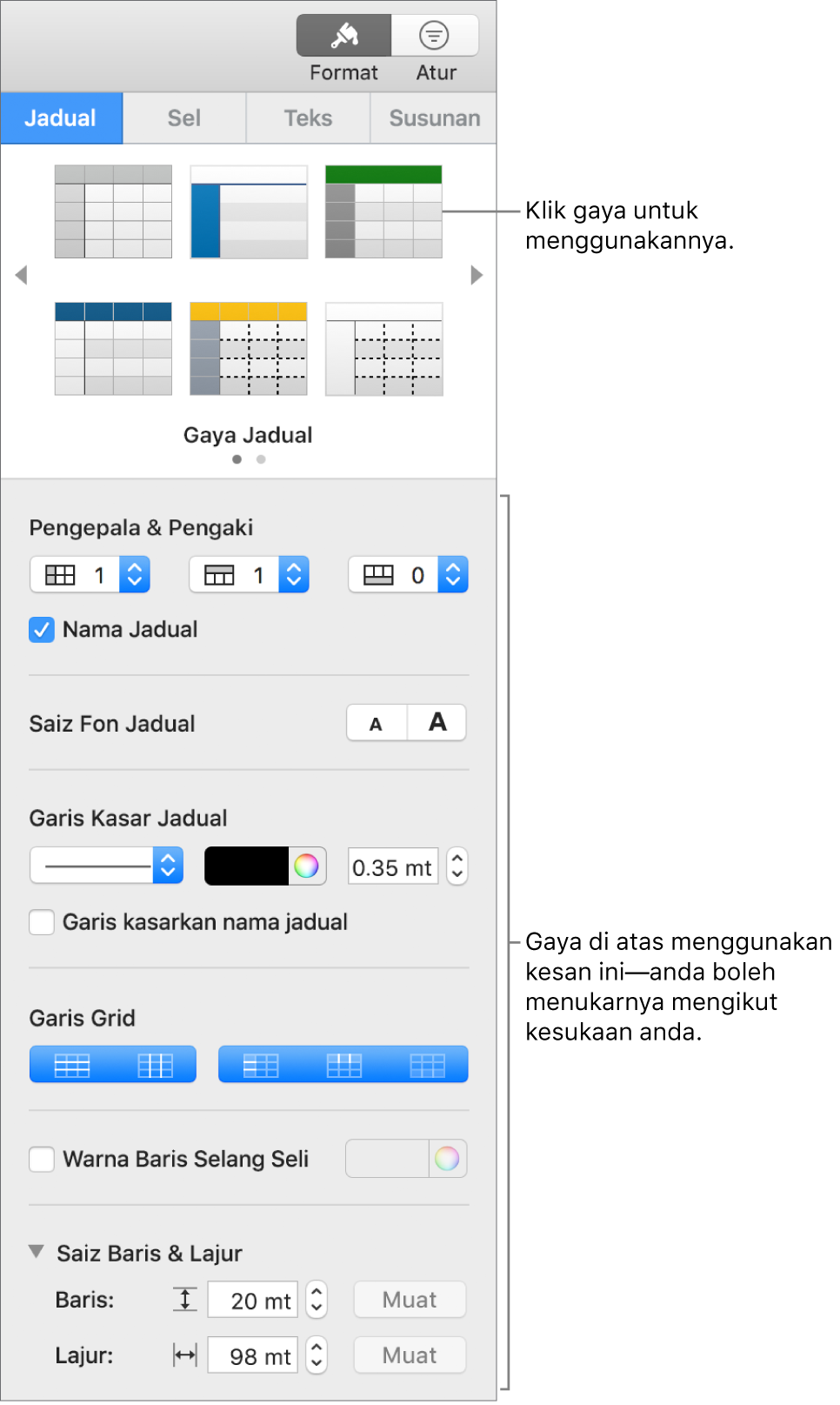 Bar sisi Format menunjukkan pilihan gaya jadual dan pemformatan.