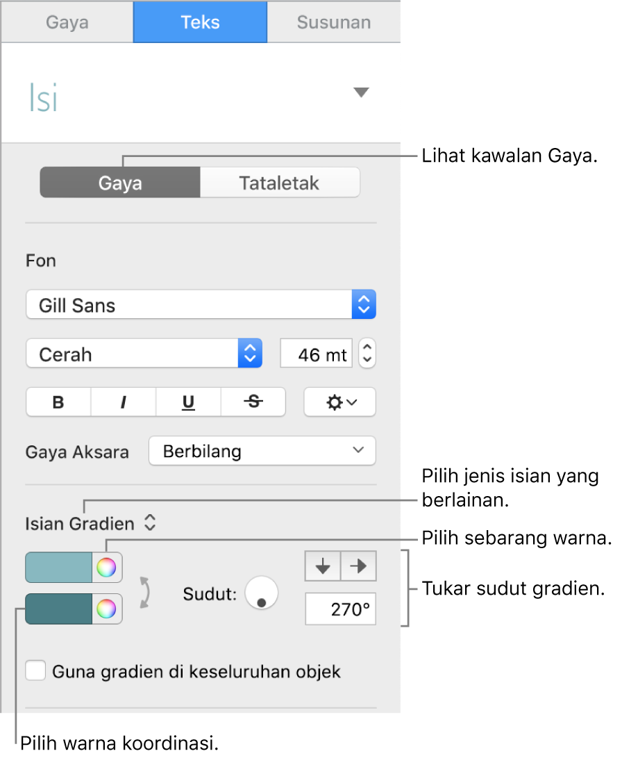 Bar sisi teks, menunjukkan cara untuk menukar warna teks.