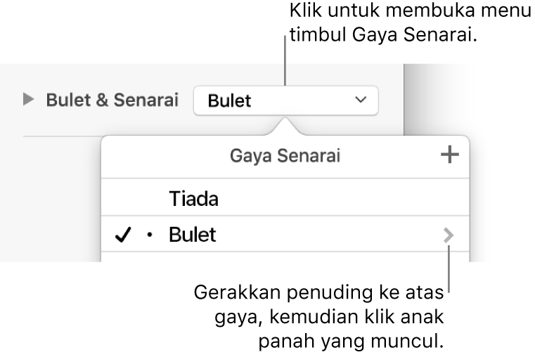 Menu timbul Gaya Senarai dengan satu gaya dipilih dan anak panah di hujung kanan.