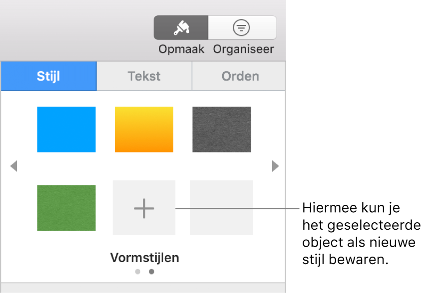 Het tabblad 'Stijl' in de navigatiekolom 'Opmaak' met vier afbeeldingsstijlen, een knop voor het aanmaken van een stijl en een lege plaatsaanduiding voor een stijl.