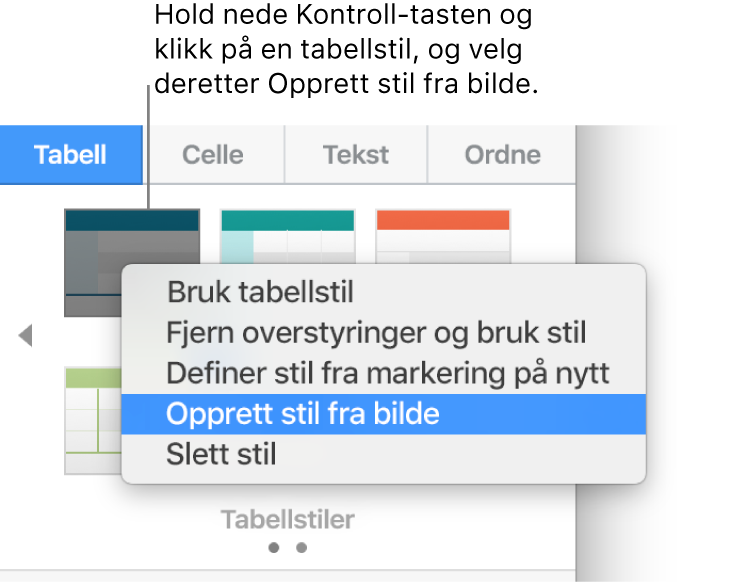 Snarveismenyen for tabellstiler.