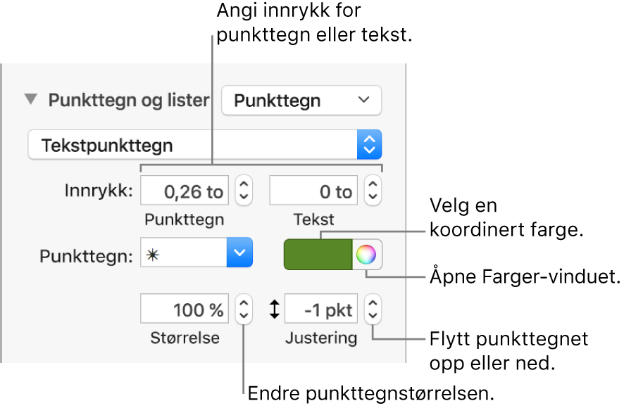 Punkttegn og lister-delen, med forklaringer på kontroller for punkt- og tekstinnrykk, punktfarge, punktstørrelse og justering.