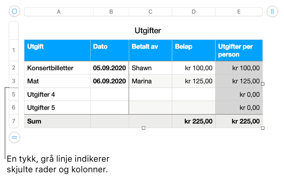 En tykk grå linje viser hvor rader og kolonner er skjult.