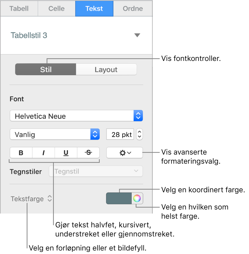 Kontroll for å endre tabelltekststil.