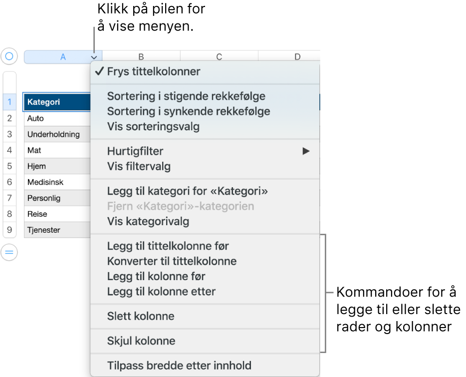 Tabellkolonnemenyen, med kommandoer for å legge til eller slette rader og kolonner.