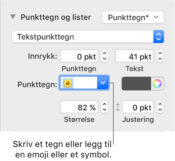 Punkttegn og lister-delen i Format-sidepanelet. Punkttegn-feltet viser en blomsteremoji.