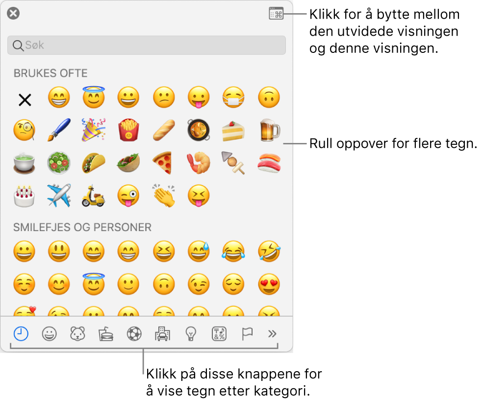 Spesialtegn-lokalmenyen, som viser uttrykkssymboler, knapper for forskjellige typer symboler nederst og en bildeforklaring for en knapp for å vise hele Tegn-vinduet.