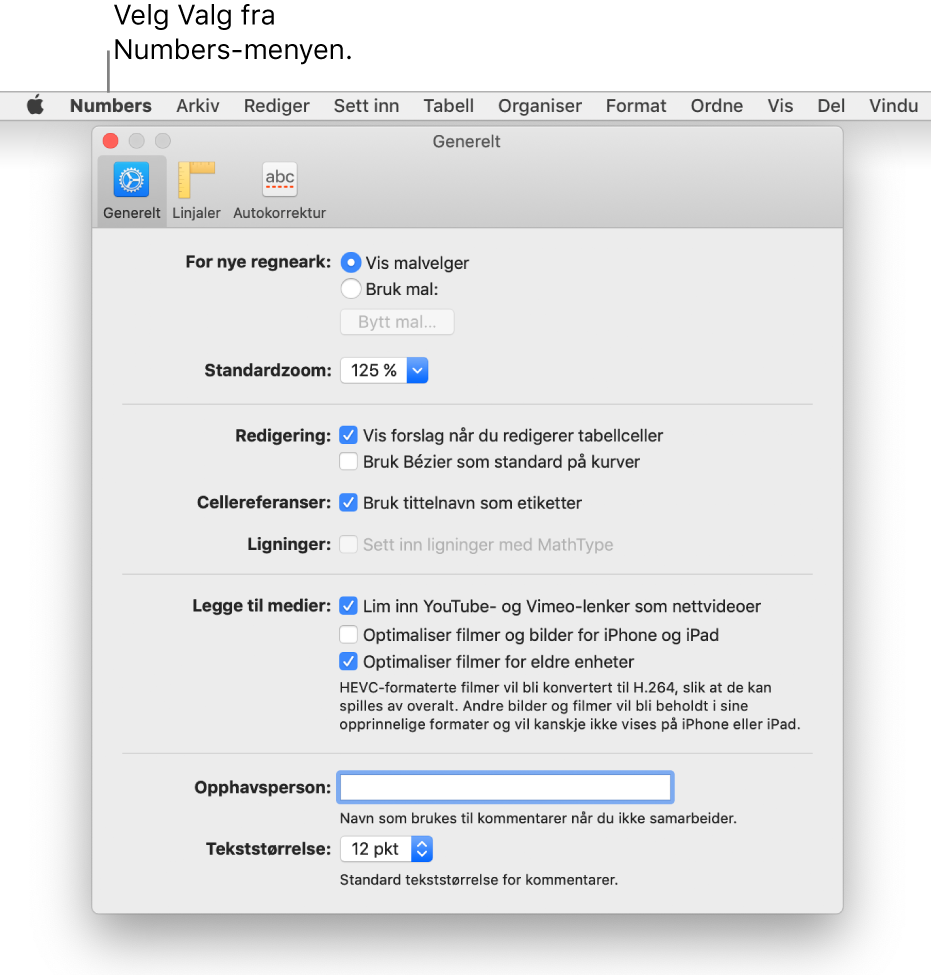 Numbers-valgdialogruten som viser Generelt-innstillingspanelet.