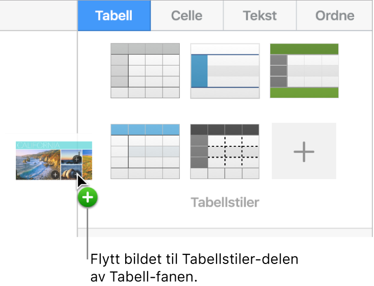Et bilde flyttes til tabellstilene for å opprette en ny stil.