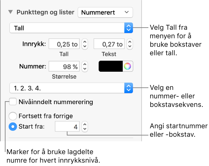 Kontrollene for å endre nummereringsstilen og avstanden for en liste.