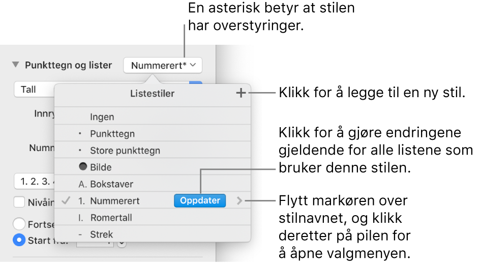 Listestiler-lokalmenyen, med en stjerne som indikerer en overstyring, bildeforklaringer til Ny stil-knappen og en undermeny med valg for håndtering av stiler.