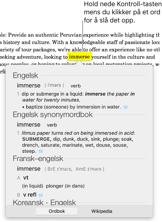 Tekst med et ord markert og et vindu som viser definisjonen og en synonymordbokoppføring. To knapper nederst i vinduet har lenker til ordboken og Wikipedia.