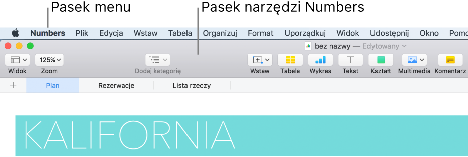 Pasek menu na górze ekranu, zawierający menu Apple, Numbers, Plik, Edycja, Wstaw, Format, Uporządkuj, Widok, Udostępnij, Okno oraz Pomoc. Poniżej paska menu widoczny jest otwarty arkusz kalkulacyjny Numbers, zawierający w górnej części pasek narzędzi z przyciskami Widok, Zoom, Dodaj kategorię, Wstaw, Tabela, Wykres, Tekst, Kształt, Multimedia oraz Komentarz.