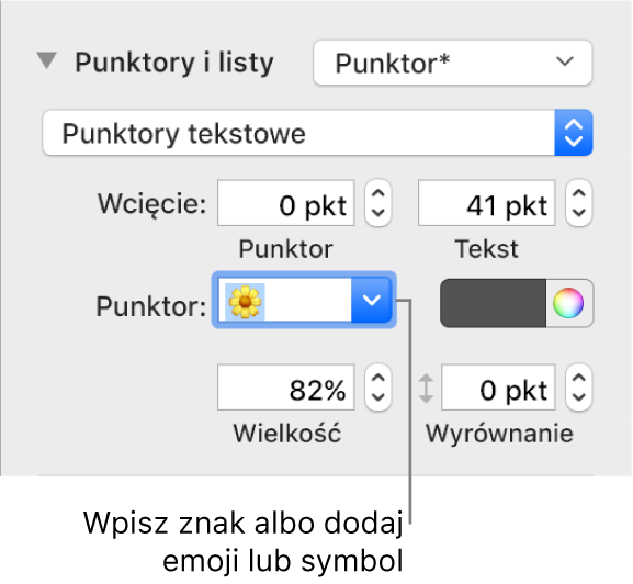 Sekcja Punktory i listy na pasku bocznym Format. Pole Punktor zawiera emoji przedstawiające kwiatek.