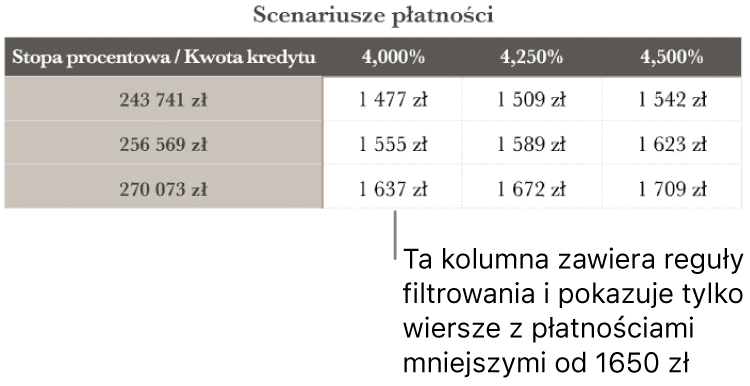 Tabela kredytu hipotecznego po filtrowaniu w celu wyświetlenia przystępnych rat.