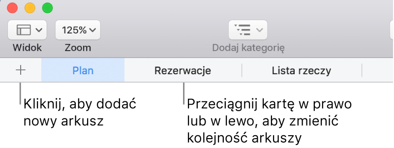 Pasek kart pozwalający na dodawanie nowego arkusza i porządkowanie arkuszy.