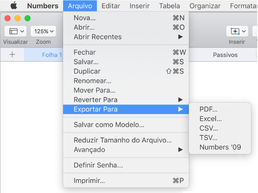 Menu Arquivo aberto com Exportar para selecionado e submenu mostrando opções em PDF, Excel, CSV e Numbers ’09.