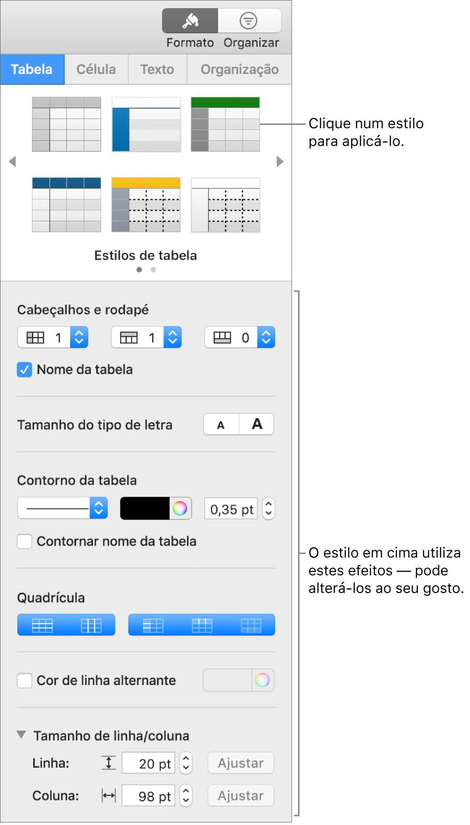 A barra lateral de formatação a mostrar estilos de tabela e opções de formatação.