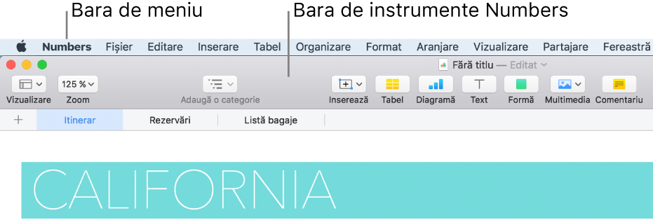 Bara de meniu din partea de sus a ecranului cu meniurile Apple, Numbers, Fișier, Editare, Inserare, Format, Aranjare, Vizualizare, Partajare, Fereastră și Ajutor. Sub bara de meniu se află o foaie de calcul Numbers deschisă cu butoanele din bara de instrumente de-a lungul părții de sus pentru Vizualizare, Zoom, Adăugați o categorie, Inserează, Tabel, Diagramă, Text, Formă, Multimedia și Comentariu.