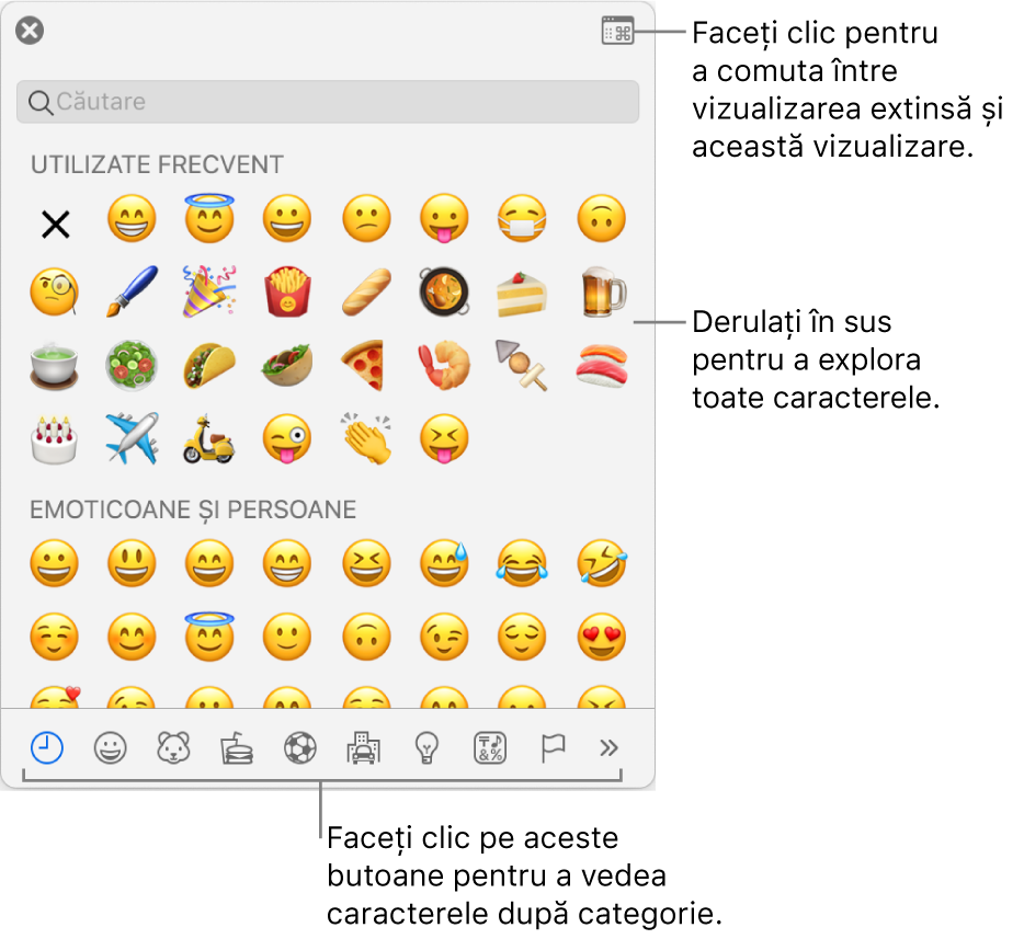Fereastra pop-up Caractere speciale afișând emoticoane, butoane pentru diferite tipuri de simboluri în partea de jos și o explicație pentru un buton care afișează fereastra completă Caractere.