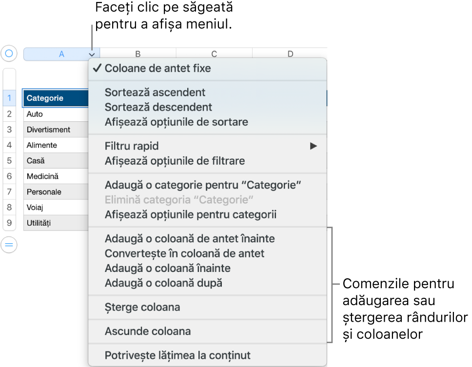 Meniul unei coloane de tabel incluzând comenzi pentru adăugarea sau ștergerea rândurilor și coloanelor.