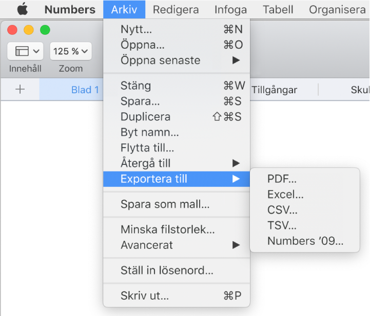 Öppen Arkiv-meny med Exportera till markerat. Undermenyn visar exportalternativ för PDF, Excel, CVS och Numbers ’09.