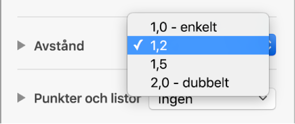 Popupmenyn Avstånd med Enkelt, Dubbelt och andra alternativ.