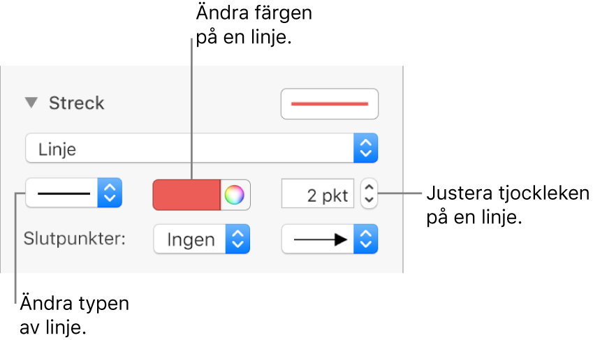 Streckreglagen för att ställa in slutpunkter, linjetjocklek och färg.