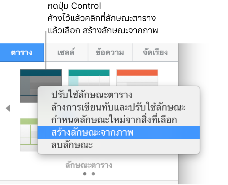 เมนูลัดลักษณะตาราง