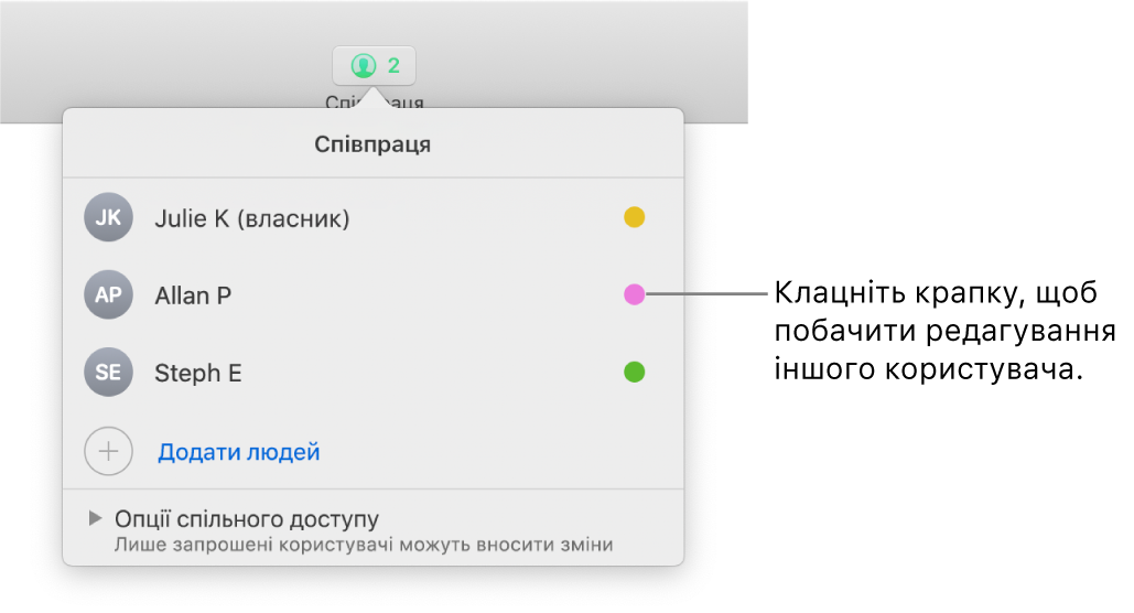 Список з трьох учасників з крапками різного кольору справа від кожного імені.