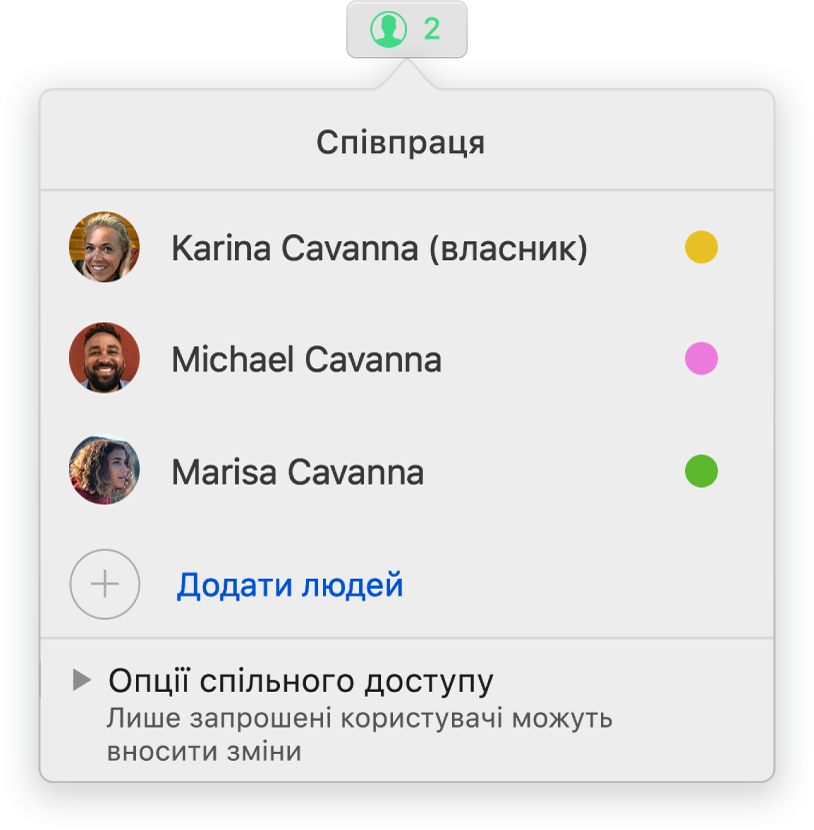 Меню «Співпраця» з іменами людей, які спільно працюють над електронною таблицею. Опції спільного доступу відображаються під іменами.