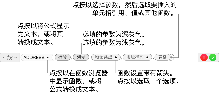 显示 ADDRESS 函数及其参数令牌的公式编辑器。