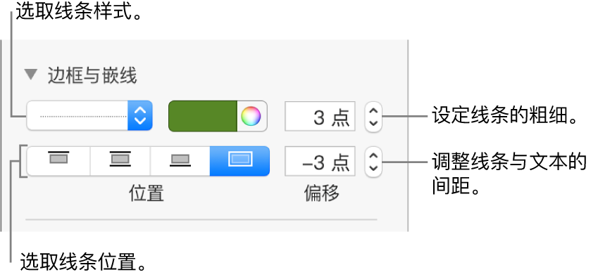 更改线条样式、粗细、位置和颜色的控制。