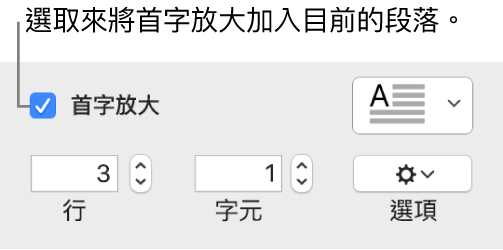 已選取「首字放大」註記框，其右方顯示彈出式選單；其下方顯示設定行高、字元數和其他選項的控制項目。