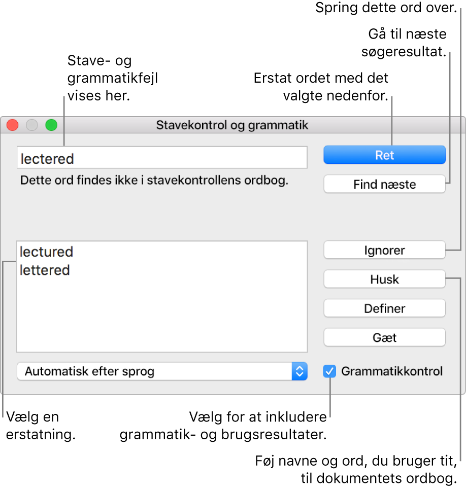 Vinduet Stavekontrol og grammatik.