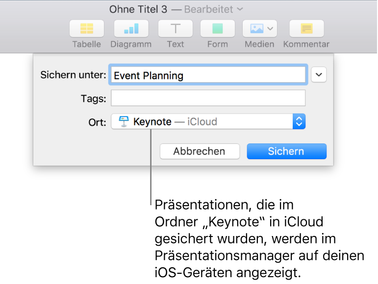 Das Fenster „Sichern“ für eine Präsentation mit Keynote – iCloud im Einblendmenü „Ort“