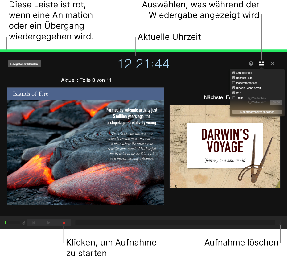 Bildschirmfoto des Sprachaufnahmemodus auf dem Moderatormonitor. Die aktuelle und die nächste Folie, die aktuelle Zeit und die Steuerelemente des Moderatormonitors sind sichtbar. Das Steuerelement zum Starten und Beenden der Aufnahme und das Steuerelement zum Löschen der Aufnahme werden unten auf dem Bildschirm angezeigt.