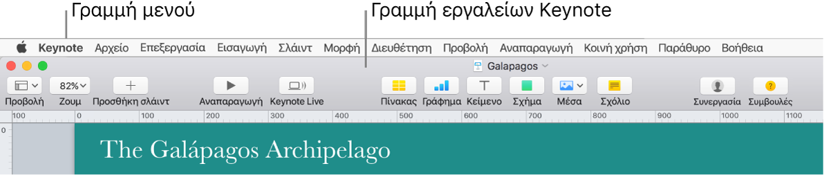 Η γραμμή μενού στο πάνω μέρος της οθόνης με τα μενού: Apple, Keynote, Αρχείο, Επεξεργασία, Εισαγωγή, Μορφή, Διευθέτηση, Προβολή, Κοινή χρήση, Παράθυρο, και Βοήθεια. Κάτω από τη γραμμή μενού εμφανίζεται μια ανοιχτή παρουσίαση Keynote με τα κουμπιά της γραμμής εργαλείων «Προβολή», «Ζουμ», «Προσθήκη σλάιντ», «Αναπαραγωγή», «Keynote Live», «Πίνακας», «Γράφημα», «Κείμενο», «Σχήμα», «Πολυμέσα» και «Σχόλιο» στο πάνω μέρος.