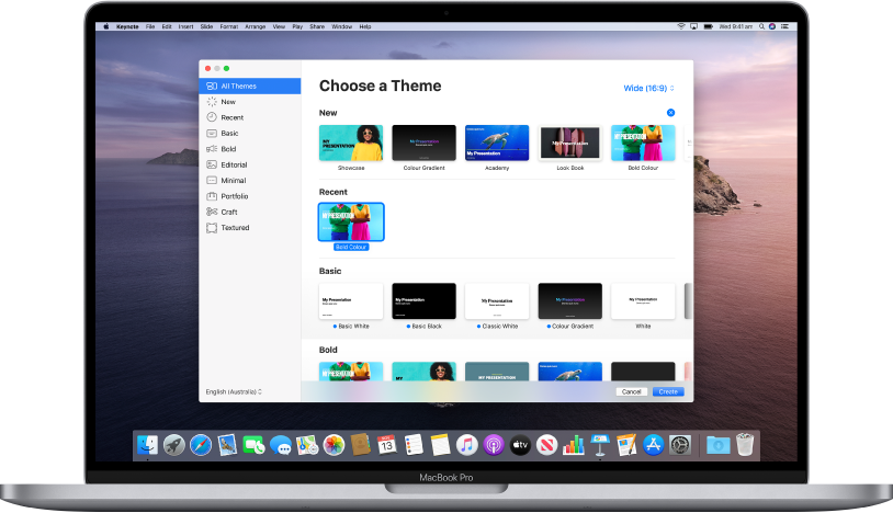 A MacBook Pro with the Keynote theme chooser open on the screen. The All Themes category is selected on the left and pre-designed themes appear on the right in rows by category. The Language and Region pop-up menu is in the bottom-left corner and the Standard and Wide pop-up menu is in the top-right corner.