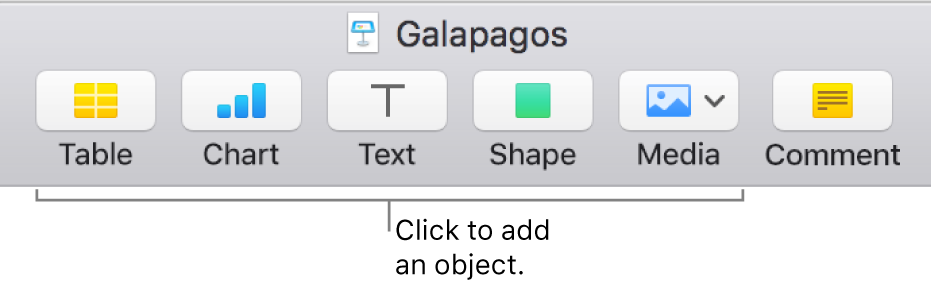 The Keynote toolbar showing buttons used to add an object to a slide.