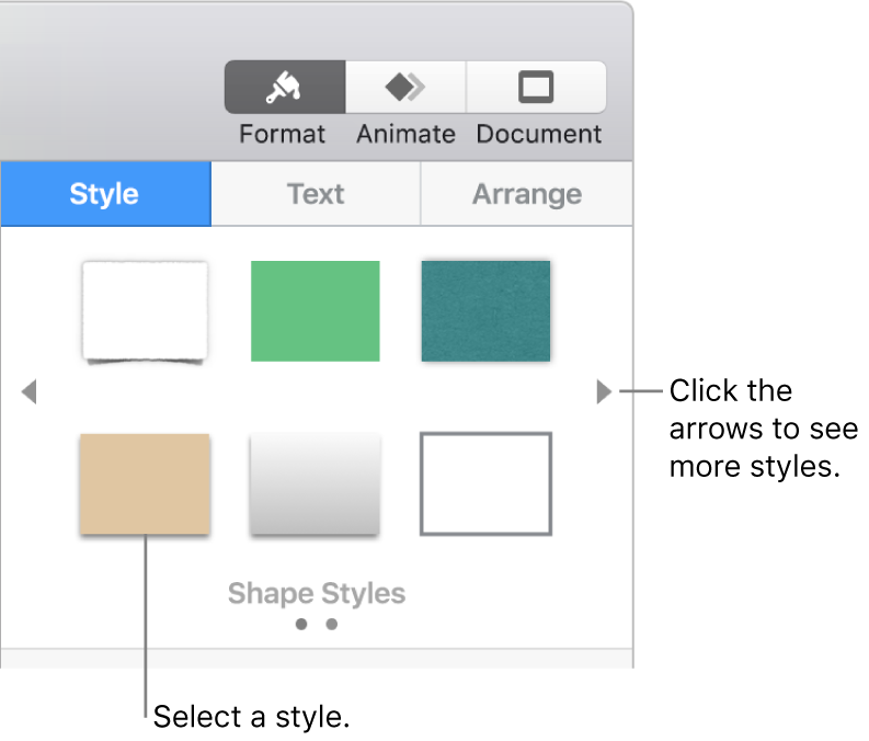 The Style tab of the Format sidebar with six object styles and navigation arrows on their left and right.